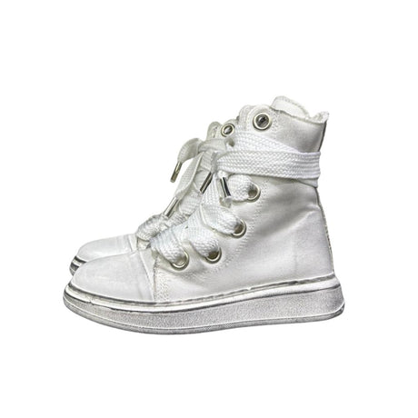 Stivaletto alto in tela bianca vintage Jammers London con lacci oversize e occhielli argento.