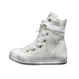 Stivaletto alto tela bianca vintage Jammers London, lacci oversize e platform consumata.