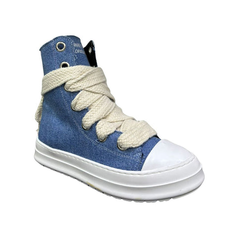 Sneaker alta in denim scuro con lacci beige