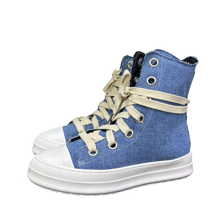 Sneaker alta in canvas denim dark con lacci beige e suola bianca