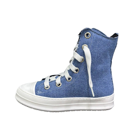 Sneaker alta in canvas denim dark con lacci beige e suola bianca