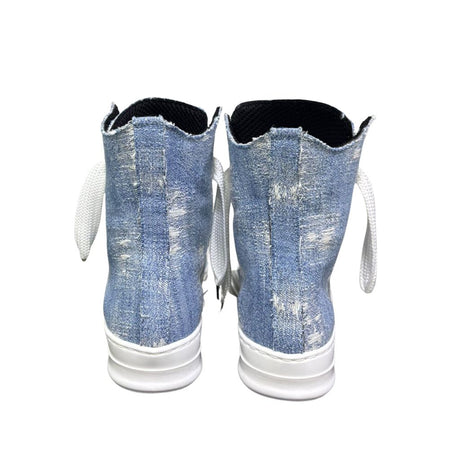 Sneaker alta in canvas denim light destroy con doppio laccio bianco e suola bianca