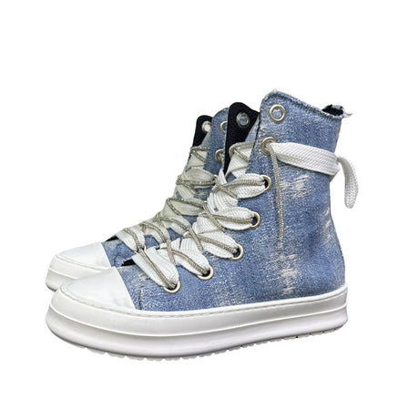 Sneaker alta in canvas denim light destroy con doppio laccio brillantinato argento e suola bianca
