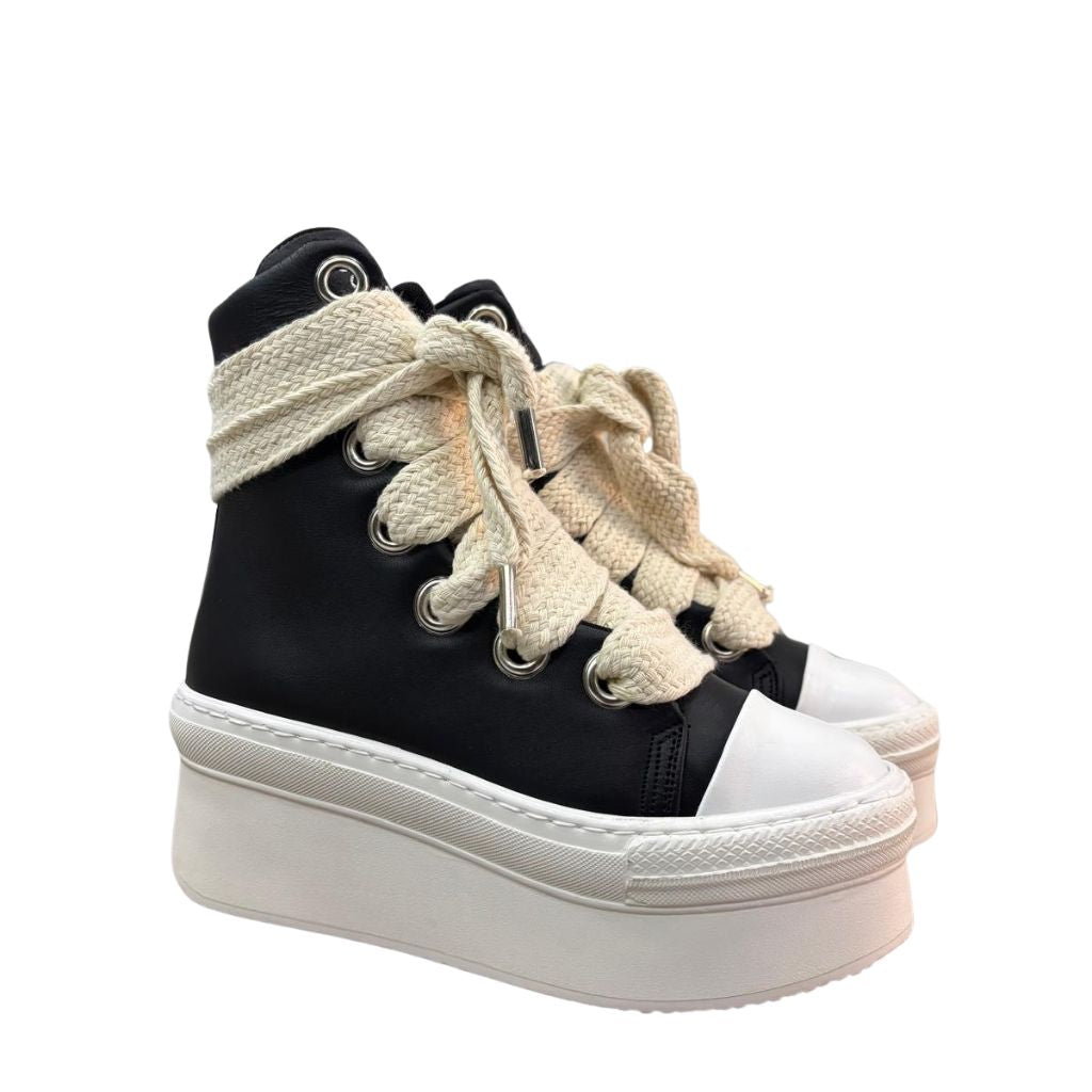 Sneaker Jammers London nera con lacci corda panna zeppa 7cm
