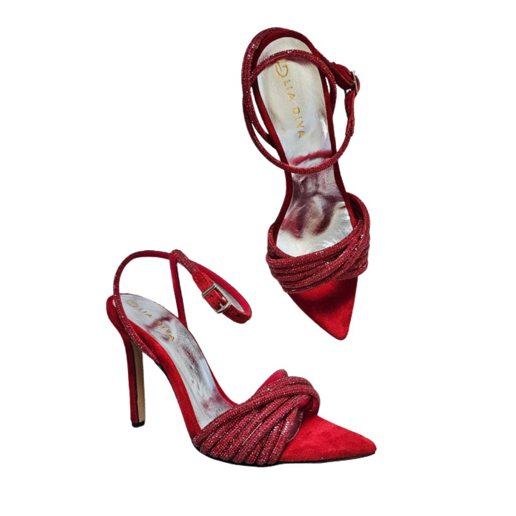 Sandalo gioiello da donna rosso a punta con tacco a stiletto da 11cm