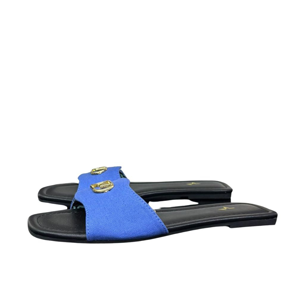 Ciabattine Marc Ellis canvas blu, placca logo dorata, plantare ecopelle nera.