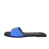 Ciabattine Marc Ellis canvas blu, placca logo dorata, plantare ecopelle nera.