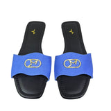 Ciabattine Marc Ellis canvas blu, placca logo dorata, plantare ecopelle nera.