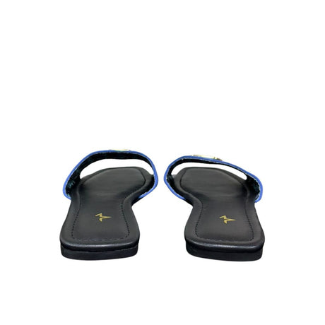 Ciabattine Marc Ellis canvas blu, placca logo dorata, plantare ecopelle nera.