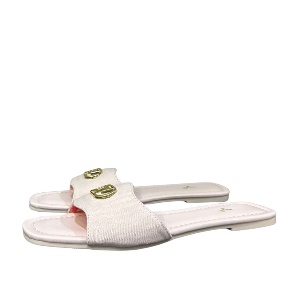 Ciabattine flat Marc Ellis C200 canvas rosa cipria, placca logo dorata, plantare ecopelle rosa.