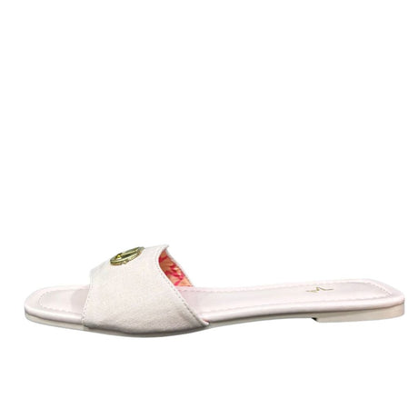 Ciabattine flat Marc Ellis C200 canvas rosa cipria, placca logo dorata, plantare ecopelle rosa.