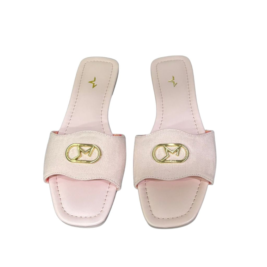 Ciabattine flat Marc Ellis C200 canvas rosa cipria, placca logo dorata, plantare ecopelle rosa.