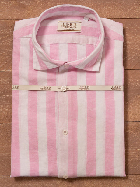 Camicia Lino Collo Francese Riga Larga Rosa