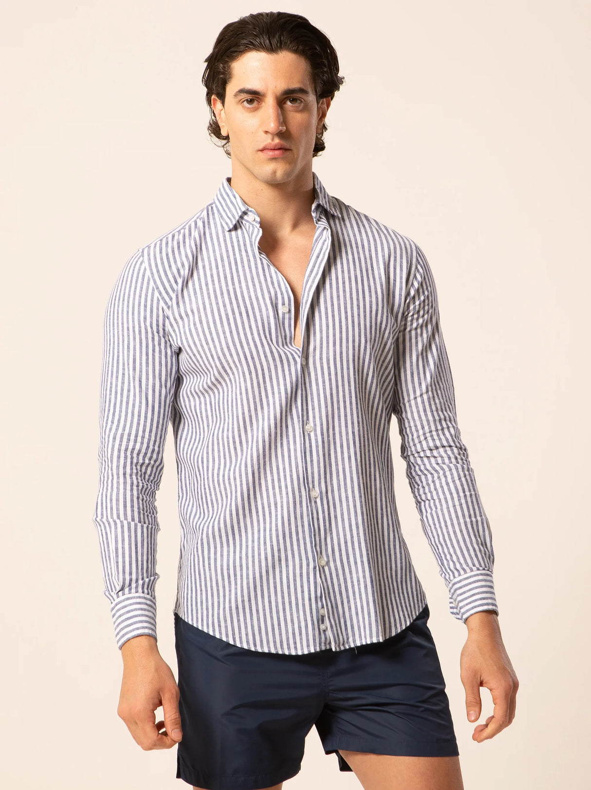 Camicia Lino Collo Francese Riga Media Blu