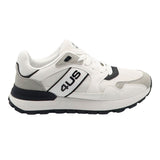 Sneakers da uomo Paciotti 4US bianche in mesh e ecopelle con dettagli color cuoio, logo laterale esteso e suola sportiva tipo running.