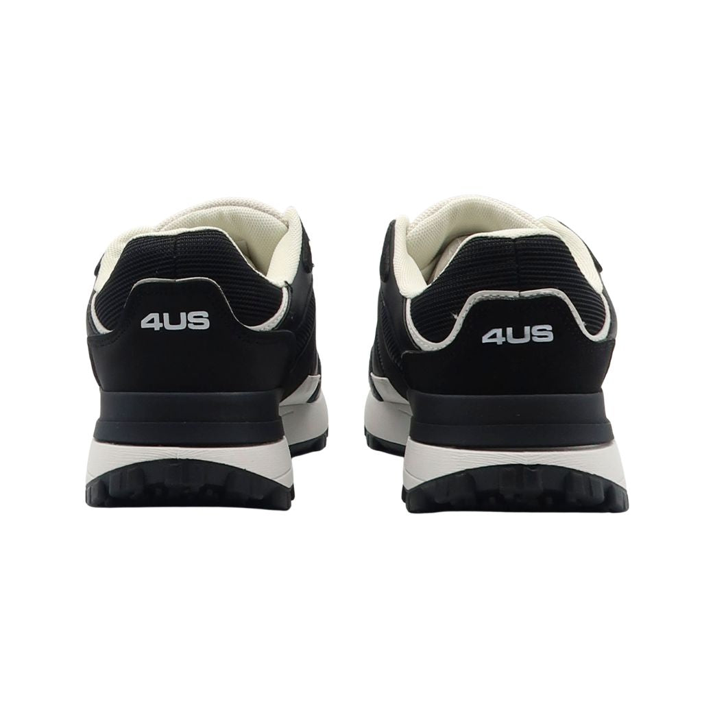 Sneakers da uomo Paciotti 4US nere in mesh e ecopelle con dettagli e loghi bianchi in contrasto, complete di suola running ammortizzata.