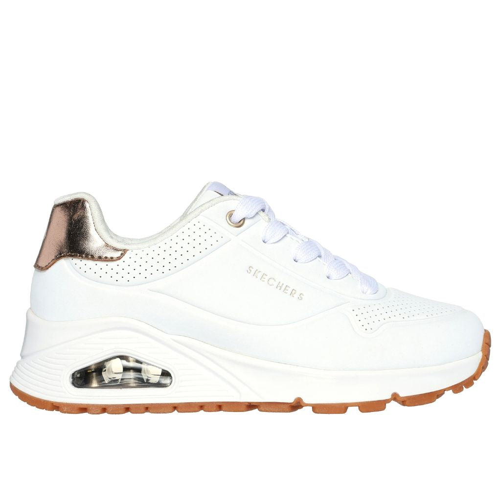Sneaker Skechers Uno bianca con suola gum e dettaglio rose gold