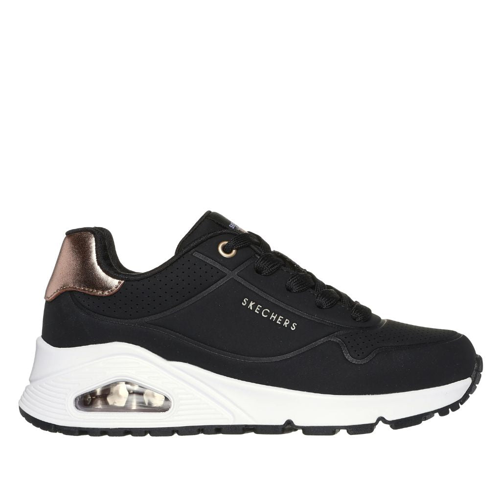 Sneaker Skechers Uno nera con intersuola bianca e dettaglio rose gold