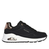 Sneaker Skechers Uno nera con intersuola bianca e dettaglio rose gold