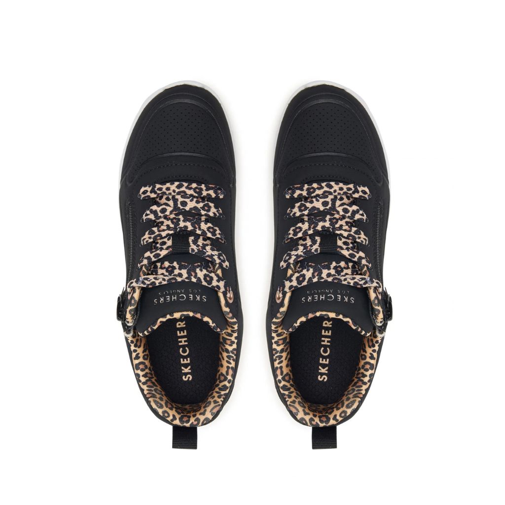 Sneaker Skechers Uno Lite nera con lacci leopardati, vista laterale