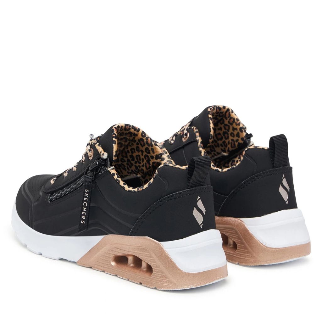 Sneaker Skechers Uno Lite nera con lacci leopardati, vista laterale