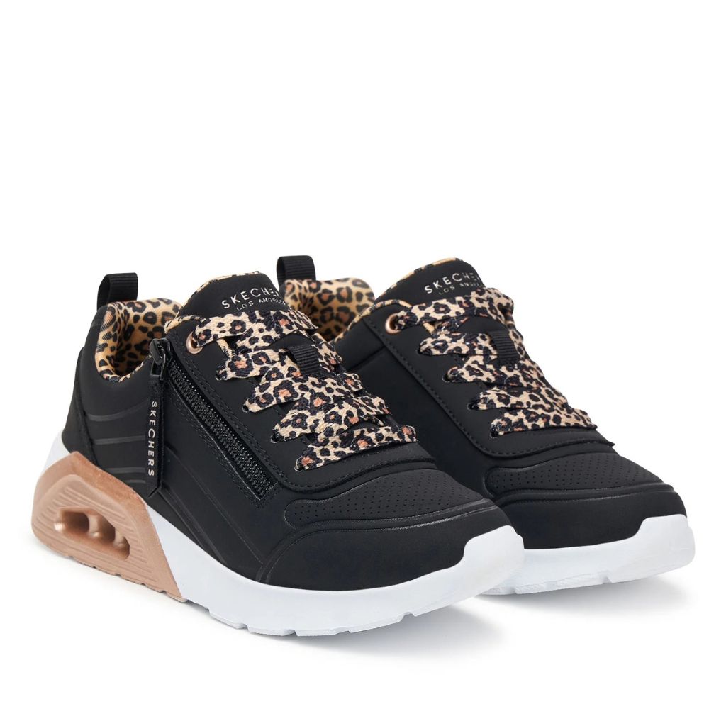 Sneaker Skechers Uno Lite nera con lacci leopardati, vista laterale