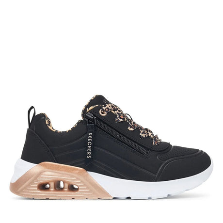 Sneaker Skechers Uno Lite nera con lacci leopardati, vista laterale