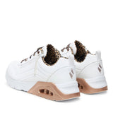 Sneaker Skechers Uno Lite bianca con lacci leopardati, vista laterale
