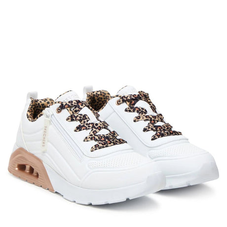 Sneaker Skechers Uno Lite bianca con lacci leopardati, vista laterale