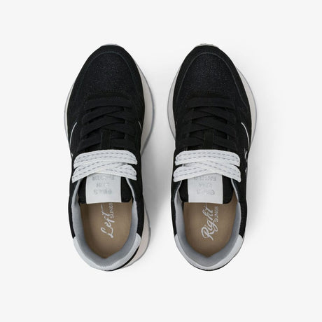 Sneaker donna Sun68 Ally Glitter nera in tessuto satinato con inserti in pelle scamosciata e logo bianco laterale