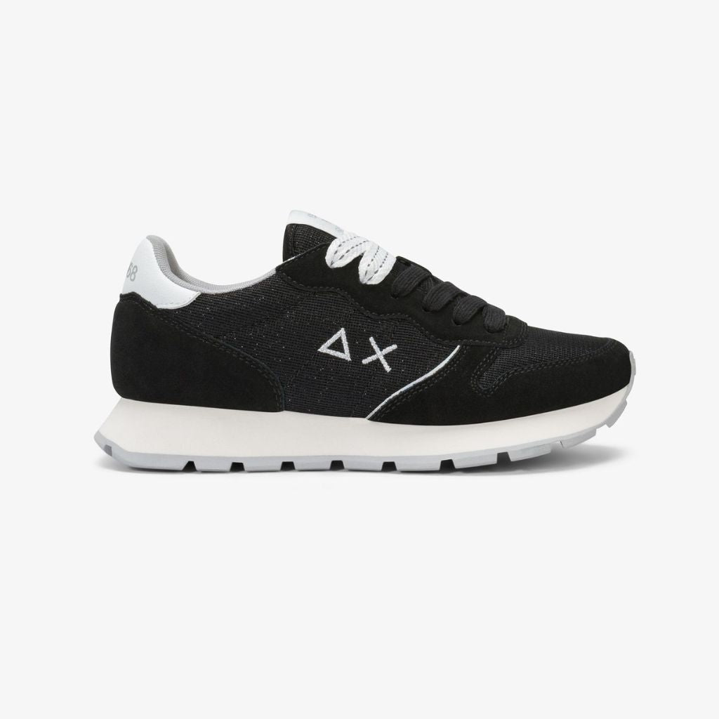 Sneaker donna Sun68 Ally Glitter nera in tessuto satinato con inserti in pelle scamosciata e logo bianco laterale