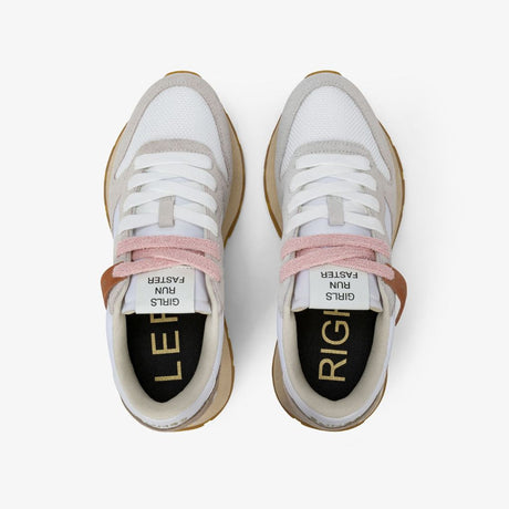 Sneaker donna Sun68 Ally Vintage Gold Edition bianca in tessuto con dettagli scamosciati, motivo margherita sul tallone e lacci intercambiabili