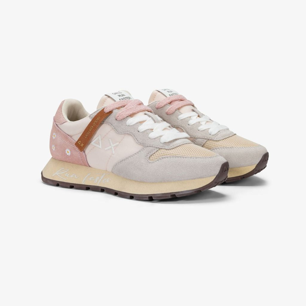Sneaker donna Sun68 Ally Vintage Gold Edition rosa chiaro in tessuto con dettagli scamosciati, motivo margherita sul tallone e lacci intercambiabili