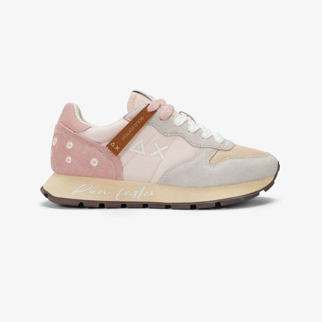 Sneaker donna Sun68 Ally Vintage Gold Edition rosa chiaro in tessuto con dettagli scamosciati, motivo margherita sul tallone e lacci intercambiabili