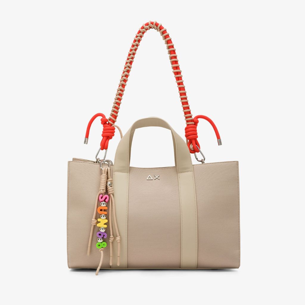 Midi bag Sun68 Everyday beige donna in poliestere - manico corto, tracolla e portachiavi, 40x32cm