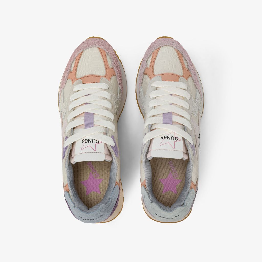 Sneaker donna Sun68 Stargirl bianca in tessuto con inserti scamosciati rosa, viola e salmone e logo nero laterale