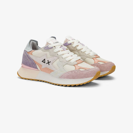 Sneaker donna Sun68 Stargirl bianca in tessuto con inserti scamosciati rosa, viola e salmone e logo nero laterale