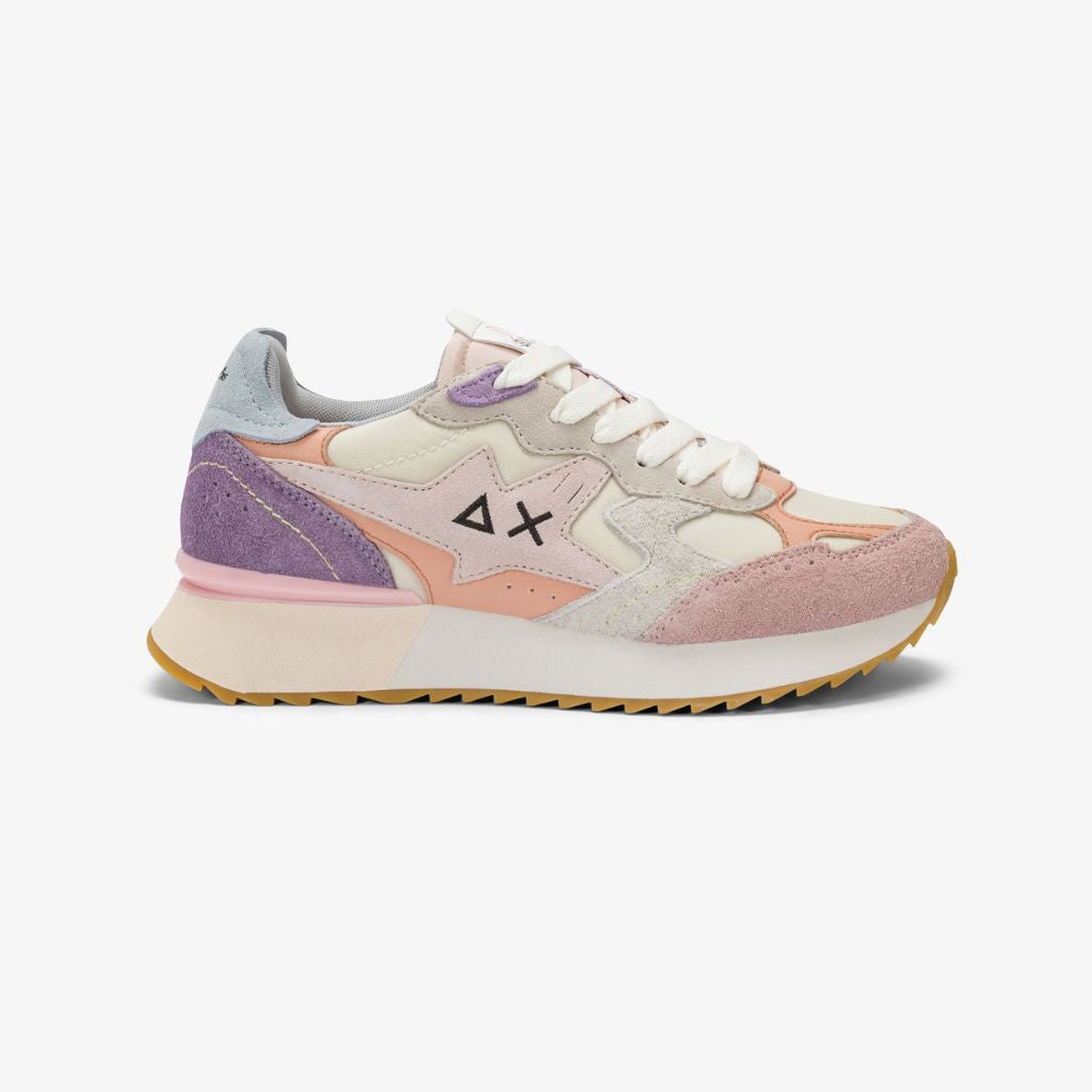 Sneaker donna Sun68 Stargirl bianca in tessuto con inserti scamosciati rosa, viola e salmone e logo nero laterale
