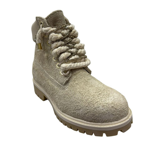 Scarponcino Timberland beige in suede con lacci a corda decorati con brillantini