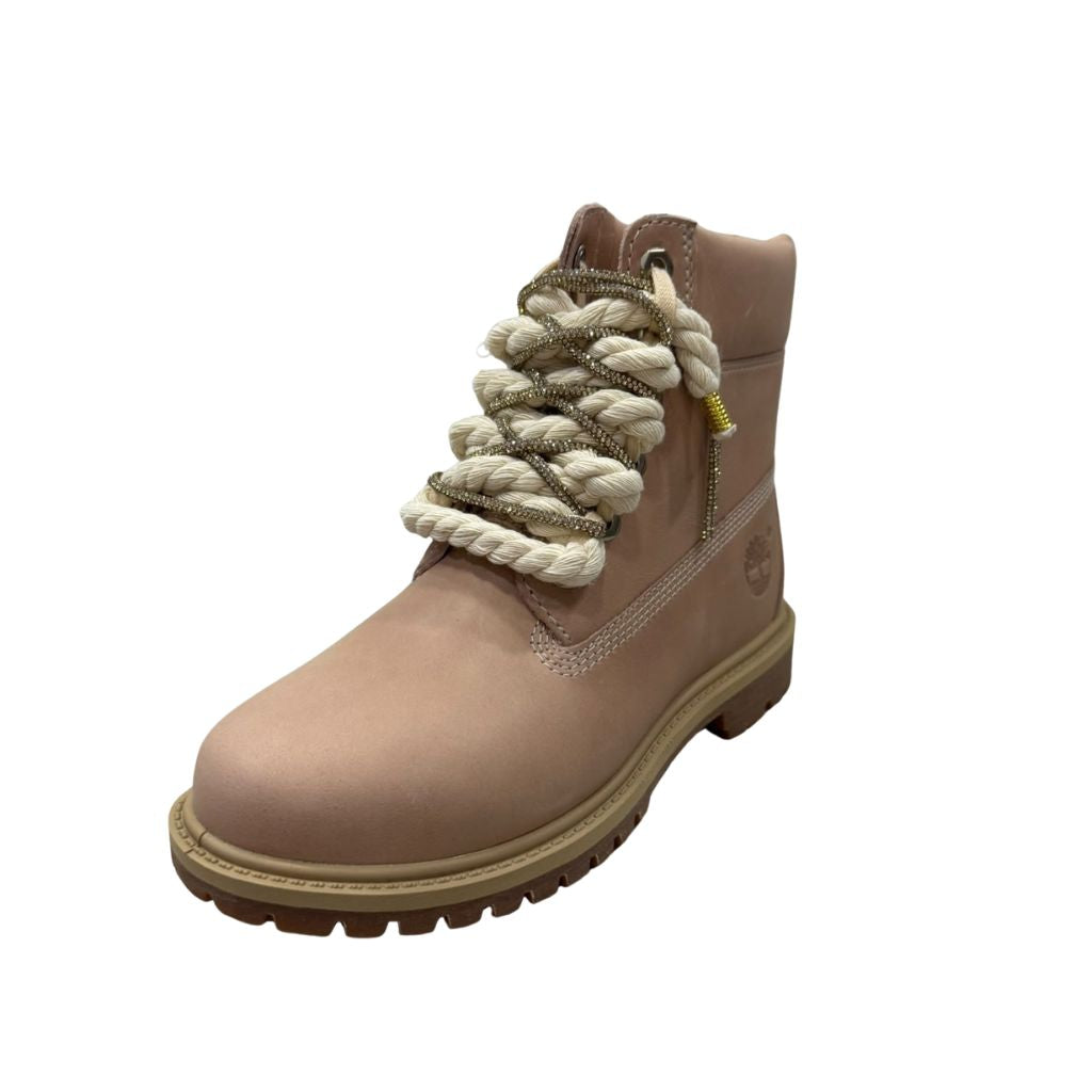Stivale Timberland rosa con maxi lacci glitterati écru