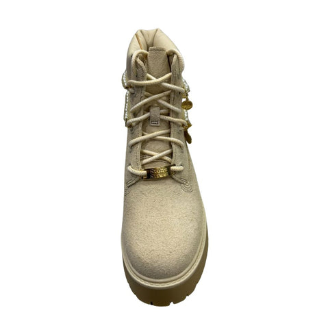 Scarponcino Timberland Stone Street beige in suede con perle, charm dorati e suola platform