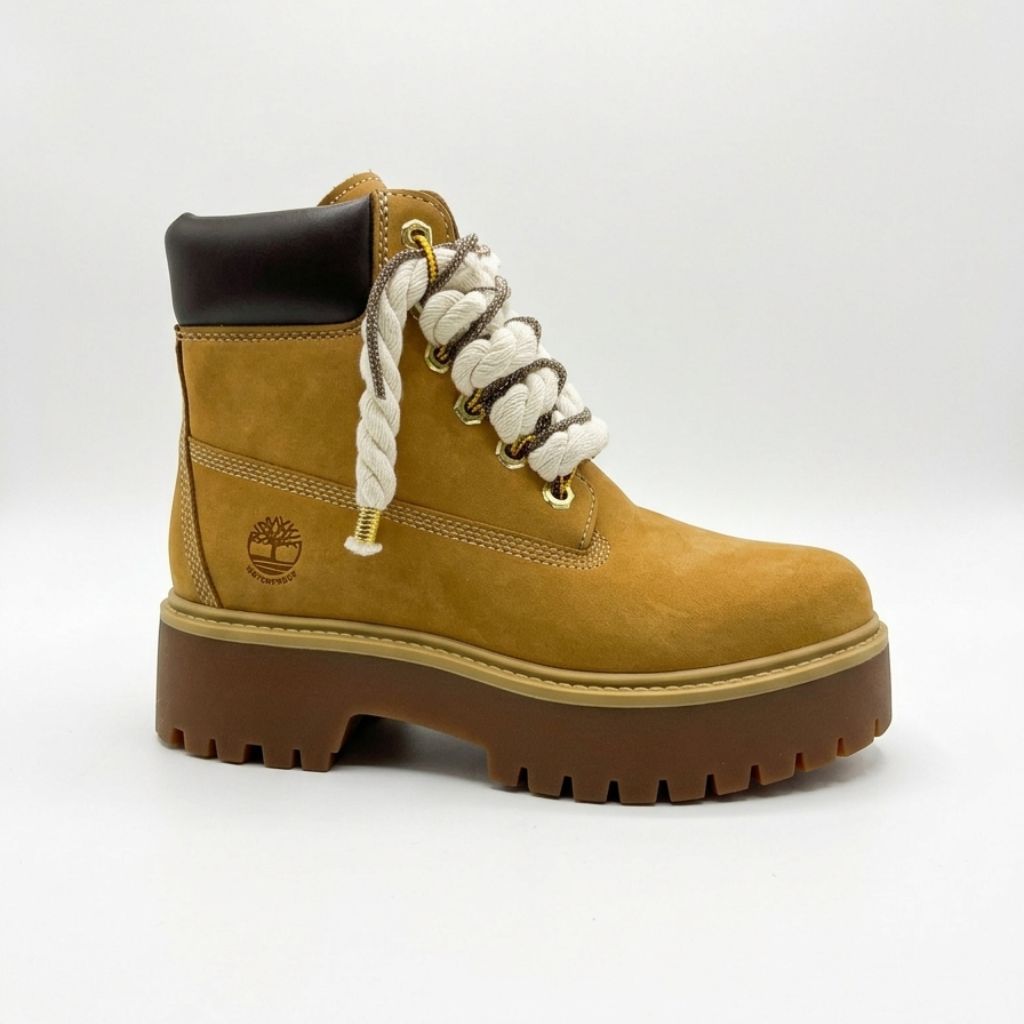 Stivale Timberland platform in nubuck color miele con lacci a corda bianchi, occhielli dorati e suola carrarmato marrone.