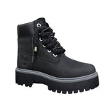 Stivale Timberland Stone Street platform in nubuck nero con lacci a corda neri con filo glitter.
