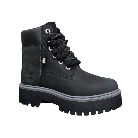 Stivale Timberland Stone Street platform in nubuck nero con lacci a corda neri con filo glitter.