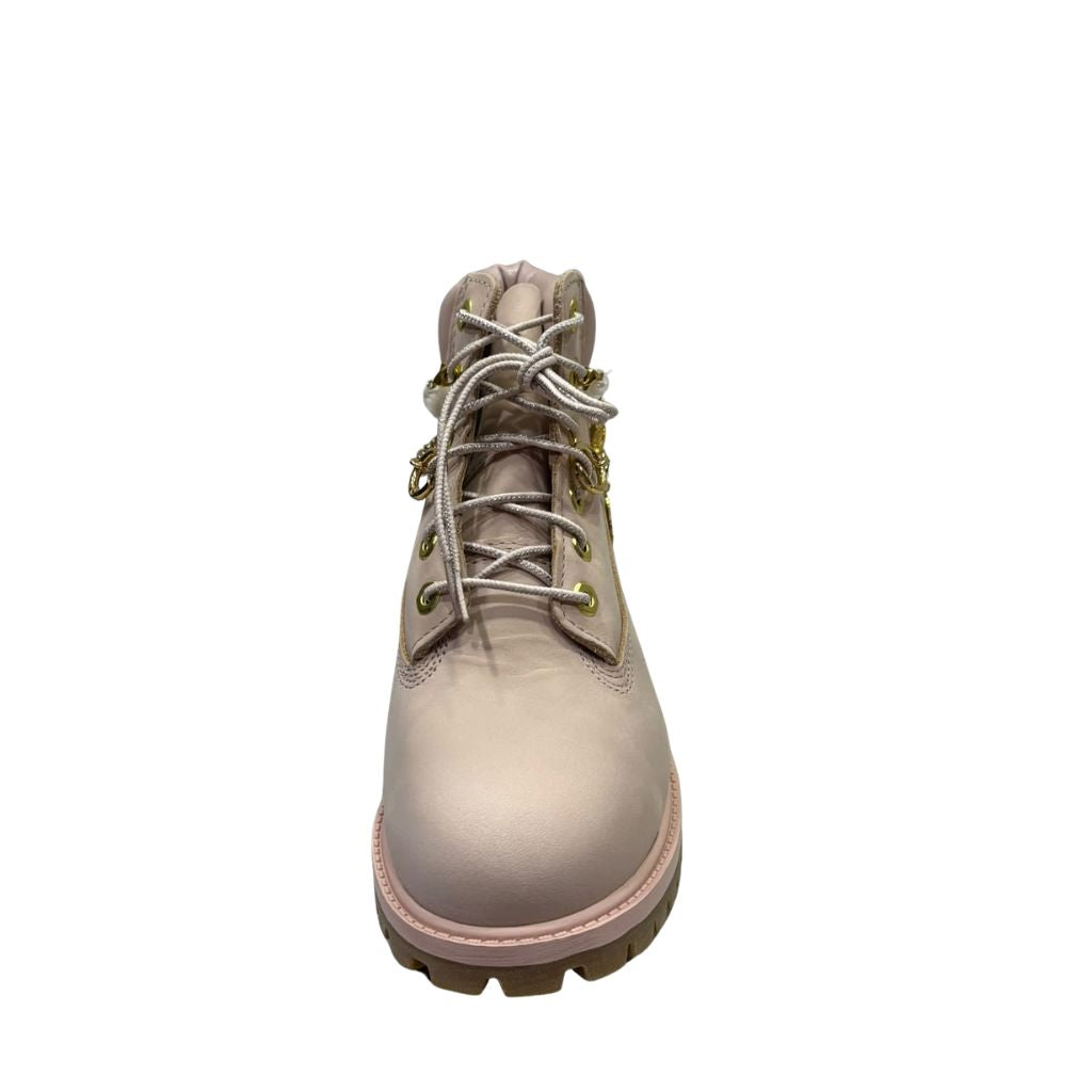 Stivale Timberland rosa con collo perlato e catena decorativa