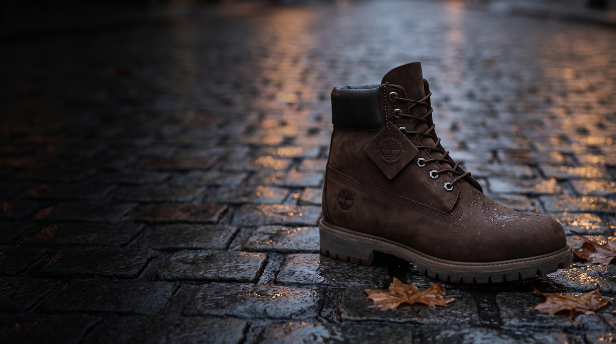 Timberland 6-Inch Premium marrone su sampietrini bagnati al tramonto