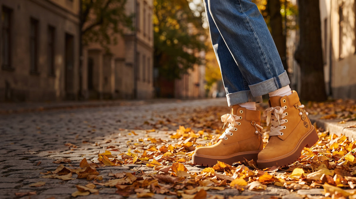 Timberland Stone Street Wheat con lacci in raso e charm di perle tra le foglie d'autunno