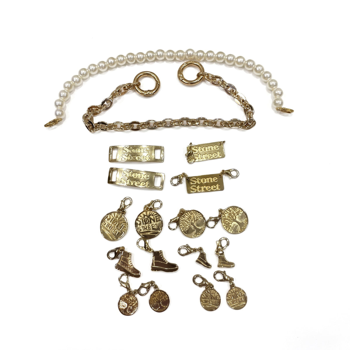 Kit Fai Da Te Timberland: catena, filo di perle, placchette Stone Street e charms oro