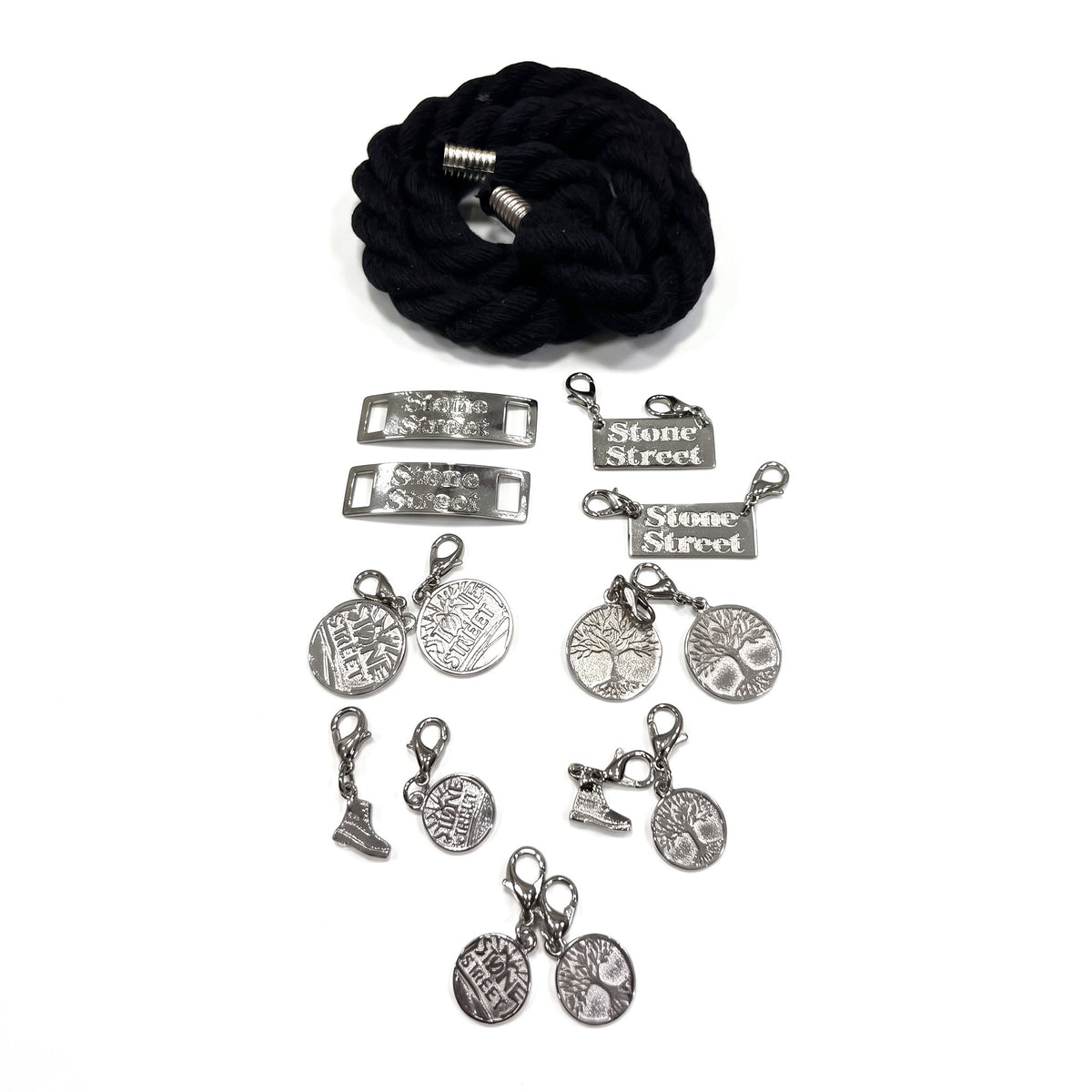 Kit Fai Da Te Timberland: lacci in corda nera, placchette Stone Street e charms argento
